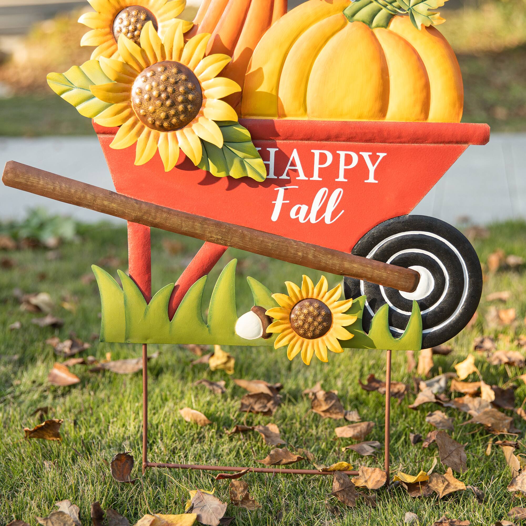 Glitzhome® 2.5ft. Fall Metal Wheel Barrow Pumpkin Yard Stake